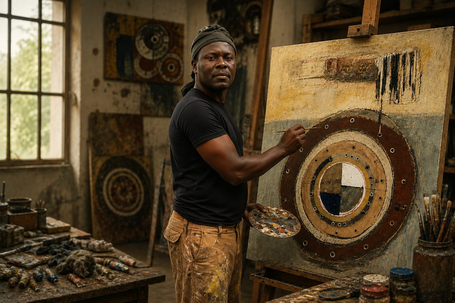 Bethel Aniakou painting in his studio