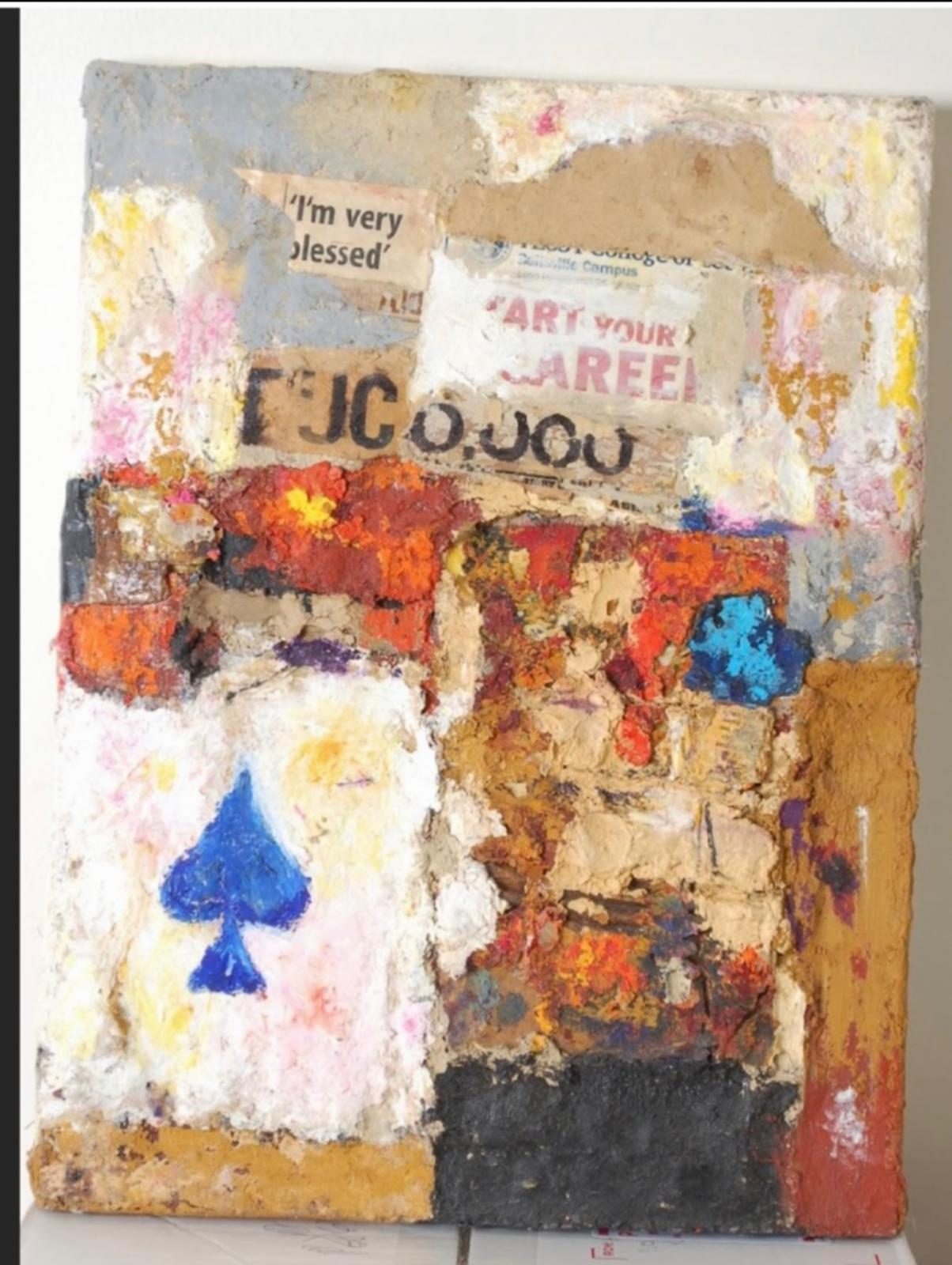 I'm Very Blessed, Plaster relief and collage on canvas